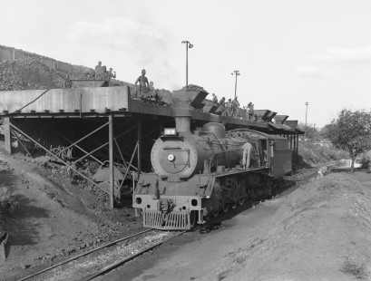 Coal dockworkers pose while filling up the tender of a South African Railways (SAR) steam locomotive in Komatipoort, Transvaal, South Africa, on September 7, 1965. Photograph by Victor Hand, Hand-SAR-07-693
