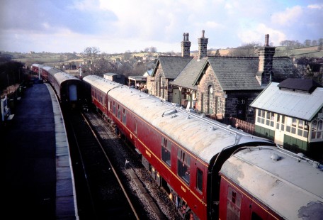 Two Keighley & Worth Valley Railway (KWVR) commuter trains pull out of Embasy, England in opposite directions, on February 2, 1997. Photograph by Fred Springer. © 2020, Center for Railroad Photography and Art, Springer-Australia-UK-17-27