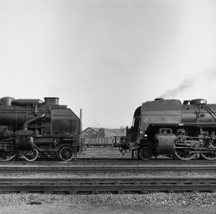 French National Railways two steam locomotives at Calais, Pas-de-Calais, France, on July 17, 1962. Photograph by Victor Hand, Hand-SNCF-X14-320