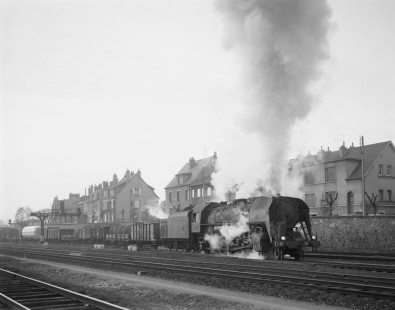 French National Railways steam locomotive no. 141R-504 leading an extra freight train departing at 8:23 a.m. and running from Nevers to Moret at Nevers, Nievre, France, on February 13, 1971. Photograph  by Victor Hand, Hand-SNCF-DB-OBB-19-015