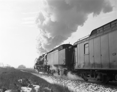 French National Railways steam locomotive no. 241-P 7 leading train no. 1111 running from Paris to Langeac at Sincaize-Meauce, Nièvre, France, on January 12, 1968. Photograph by Victor Hand, Hand-SNCF-14-145