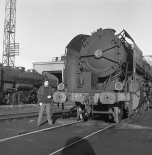 French National Railways steam locomotive no. 141-R 1043 with Victor Hand at Nantes, Loire-Atlantique, France, on January 7, 1968. Photograph by Victor Hand, Hand-SNCF-14-040