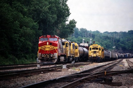 Eastbound Atchison, Topeka and Santa Fe Railway train departs Argentine Yard at Kansas City, Missouri in June of 1996. Photograph by J. Parker Lamb. Lamb-03-034-19.JPG; © 2016, Center for Railroad Photography and Art
