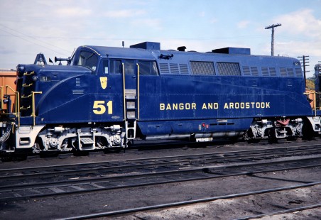 Newly painted Bangor and Aroostook Railroad BL2 at Northern Maine Junction (near Bangor) in July of 1980. Photograph by J. Parker Lamb. Lamb-03-037-15.JPG; © 2016, Center for Railroad Photography and Art