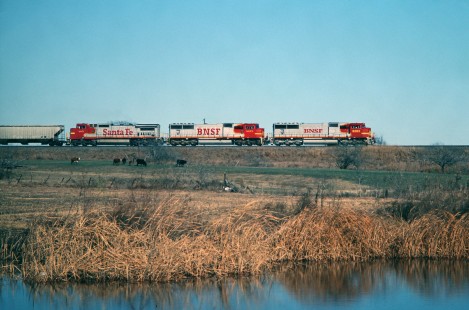 Houston-bound Burlington Northern and Santa Fe Railway grain train on mainline south of Temple, Texas, in January of 1998. Photograph by J. Parker Lamb. Lamb-03-036-15.JPG; © 2016, Center for Railroad Photography and Art