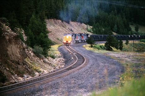 Union Pacific Railroad leads eastbound coal train toward Tennessee Pass near Kerby, Oregon, in August of 1997. Photograph by J. Parker Lamb. Lamb-03-042-05.JPG; © 2016, Center for Railroad Photography and Art