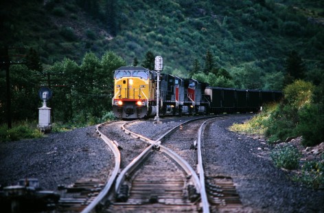 Union Pacific Railroad locomotive no. 8076 with eastbound coal train prepares to depart Minturn, Colorado, in August of 1997. Photograph by J. Parker Lamb. Lamb-03-040-04.JPG; © 2016, Center for Railroad Photography and Art