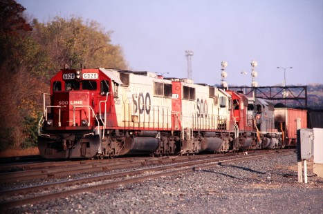 Soo Line Railroad locomotive no. 6020 with westbound coal train departs from St. Paul yard in Minnesota in August of 2003. Photograph by J. Parker Lamb. Lamb-03-044-06.JPG; © 2016, Center for Railroad Photography and Art