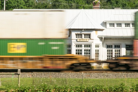 Norfolk Southern train 201 passes the old depot at Boyce, Virginia, on June 21, 2020.

George Hamlin of Stephens City, Virginia writes that during the pandemic, he worked on expanding his photographic skills, experimenting with new locations and techniques, what he calls “peeling the onion.” 

As he notes, “the ‘peeling’ suggested here is learning to look at a location with the thought that there are many possibilities (layers), including daily/seasonal lighting conditions; weather; framing; focal length; focus; motion; etc. For that matter, when you’re railfanning, what are you photographing: trains; locomotives; railroads, including infrastructure?” With tongue somewhat firmly planted in cheek, George adds what sounds like a recipe. “After considerable thought, I’ve identified four key elements, as follows.

First, stop the car! 
Get out of the car
Look for one or more onions
Peel the layers off the onion(s)”

To see additional member work made during the Covid-19 pandemic, see “Creativity & Covid” in the <a href="http://www.railphoto-art.org/railroad-heritage-62/" rel="noreferrer nofollow">Fall 2020 issue of <i>Railroad Heritage</i></a>.