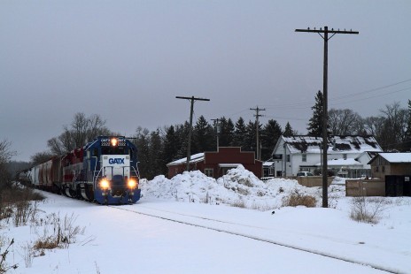 Wisconsin & Southern's twice-weekly Plymouth Sub local, L243, switches an industry in tiny Waldo, Wisconsin in the gathering gloom of a mid-winter late afternoon, on January 25, 2020.