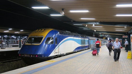 New South Wales HST awaits departure on the overnight service to Melbourne, at Sydney Central, on March 4, 2020.