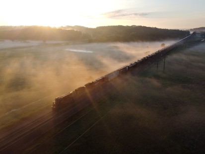 Canadian Pacific train 687 at Lewiston, Wisconsin, just after sunrise on June 27, 2020.