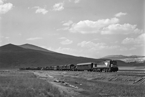 Turkish State Railways 24835, a six-axle diesel-electric locomotive of the DE24000 class, leads a freight train east on the Kayseri-Sivas Line near Bogazkopru, Turkey, on September 12, 1973. A large order of DE24000s allowed the Turkish Railways to retire many of their steam locomotives in the 1970s. Photograph by Victor Hand, collection of the Center for Railroad Photography & Art; Hand-TCDD-25-097