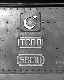 Close-up view of Turkish State Railways 56091, a 2-10-0 built by the Vulcan Foundry in Great Britain in 1948. Photograph by Victor Hand, Collection of the Center for Railroad Photography & Art, Hand-TCDD-25-136