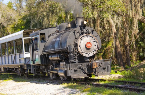 Jedco Coal Company #85 heads a short train for tourists and fans at Florida Railroad Museum at Parrish, FL. February 8, 2020