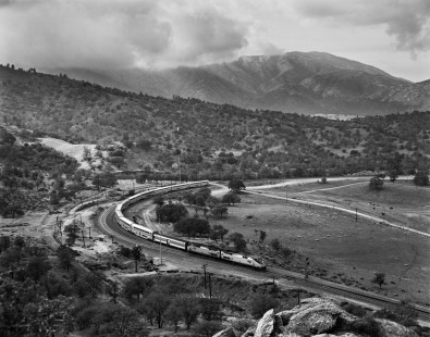 During a detour from its usual route on the Coast Line, Amtrak's <i>Coast Starlight</i> negotiates the tight curves and steep grades of Tehachapi Loop at Walong, California, on November 10, 2008. Photograph by Victor Hand, collection of the Center for Railroad Photography & Art, Hand-AM-59-739