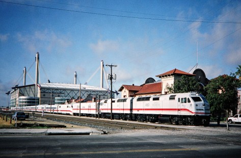 In 1993, Amtrak tested the German Intercity Express (ICE) train for high-speed service on the Northeast Corridor. The train also toured other parts of the system, pulled by diesels in non-electrified territory, as seen here in San Antonio, Texas. Photograph by Fred M. Springer, collection of the Center for Railroad Photography & Art, Springer-TX6-02-13