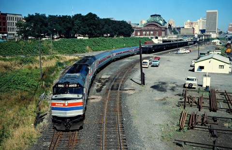 Amtrak train 796, the <i>Mount Rainier</i>, pulls out of Union Station in Tacoma, Washington, on August 7, 1978. A pair of two-year-old F40PH locomotives lead the train; for the next two decades F40s handled the majority of regional and long-distance Amtrak trains across most of the country. Photograph by John F. Bjorklund, collection of the Center for Railroad Photography & Art, Bjorklund-10-03-06
