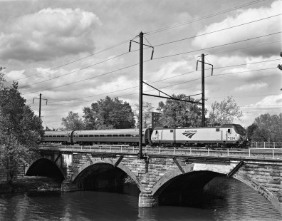One of Amtrak's newest electric locomotives, Seimens ACS-64 634, leads train 652, the <i>Keystone</i>, over Swatara Creek in Middletown, Pennsylvania, on May 1, 2017. Photograph by Victor Hand, collection of the Center for Railroad Photography & Art; Hand-AM-59-817