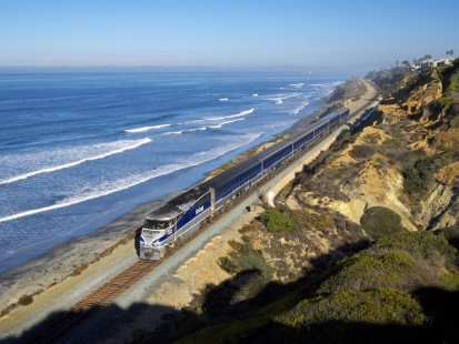Pacific Surfliner train 567 rolls along the Pacific Ocean in Del Mar, California, on its way from San Diego to Los Angeles on the morning of November 24, 2012. Photograph by Scott Lothes, president and executive director of the Center for Railroad Photography & Art