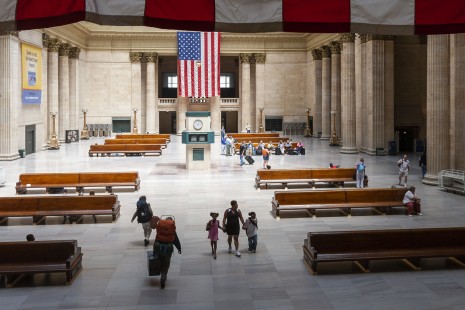 Travelers come and go inside the Great Hall of Chicago Union Station, hub of Amtrak's intercity network, on July 9, 2005. Photograph by Scott Lothes, president and executive director of the Center for Railroad Photography & Art
