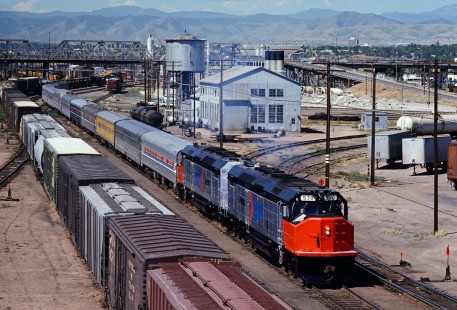 Two brand-new SDP40F locomotives lead Amtrak's <i>San Francisco Zephyr</i> through Denver, Colorado, on July 5, 1974. Photograph by Ronald C. Hill, collection of the Center for Railroad Photography & Art, Hill-01-12-39