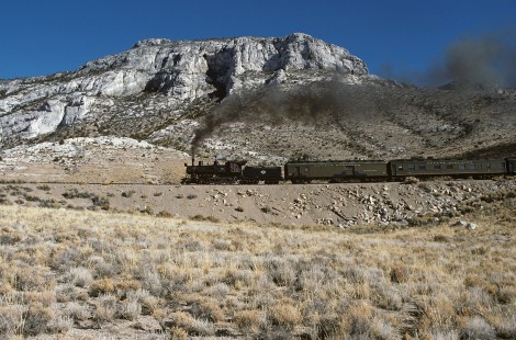 Nevada Northern Railroad steam locomotive no. 40 leads passenger train northbound near Adverse, Nevada, on October 30, 1993. Photograph by Katherine Botkin. BOTKINK-49-KT-11. © 1993, Katherine Botkin.