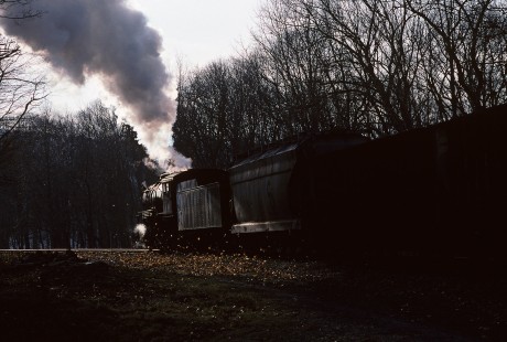 Western Maryland Railway steam locomotive no. 734 leads charter train westbound near Lap, Maryland, on January 16, 2000. Photograph by Katherine Botkin. BOTKINK-32-KT-27, © 2000, Katherine Botkin.