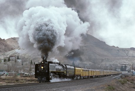 Union Pacific Railroad steam locomotive no. 8444 leads westbound passenger train at Green River, Wyoming, on April 29, 1989. Photograph by Katherine Botkin. BOTKINK-19-KT-320, © 1989, Katherine Botkin.