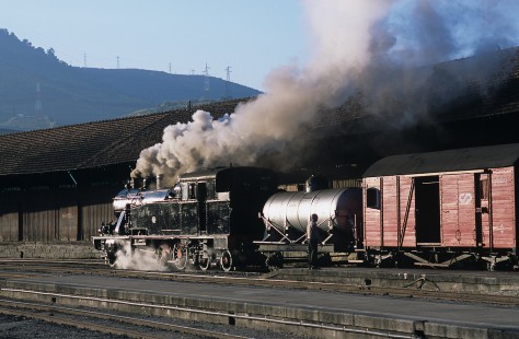 Comboios de Portugal (Trains of Portugal) steam locomotive no. 0186 with eastbound freight train in Peso da Régua, Vila Real, Portugal, on September 21, 2004. Photograph by Katherine Botkin. BOTKINK-111-KT-01, © 2004, Katherine Botkin