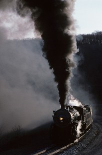 Western Maryland Railway steam locomotive no. 734 leads charter train on Helmstetter's Curve in Maryland on January 16, 2000. Photograph by Katherine Botkin. BOTKINK-32-KT-21, © 2000, Katherine Botkin.