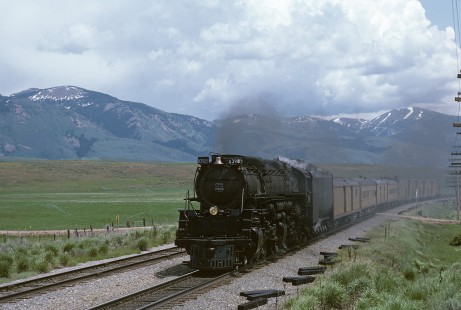 Union Pacific Railroad steam locomotive no. 3985 leads westbound passenger train near Georgetown, Idaho, on June 17, 1982.  Photograph by Katherine Botkin. BOTKINK-19-KT-262, © 1982, Katherine Botkin.