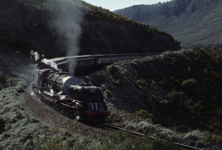 South African Railways GO-class steam locomotive no. 2595 leads a southbound passenger train at Topping, a railroad siding in Cape Province (present-day Western Cape), South Africa, on July 22, 1990, Photograph by Katherine Botkin. BOTKINK-113-KT-291, © 1990, Katherine Botkin.