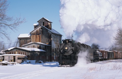 Pere Marquette Railway steam locomotive no. 1225 leads chartered freight train near Henderson, Michigan, on February 16, 2008. Photograph by Katherine Botkin. BOTKINK-54-KT-07, © 2008, Katherine Botkin.