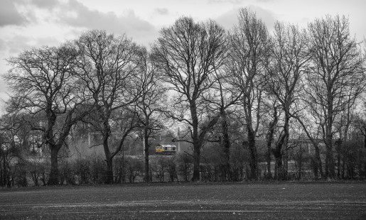 Amidst the leafless trees of Wiltshire a freightliner train passes Uffington, England, with a load of empty container wagons on March 14, 2018. 

Judges' comments: These striking black-and-white compositions with accents of color explore the intriguing boundaries between paintings and photographs. The judges felt the quality of these three images in their textured use of contrast, light, and tone deliver a one-two punch that infuses dramatic visual movement within a still image. 

Read more about the 2021 John E. Gruber Creative Awards Program: <a href="https://railphoto-art.org/awards/2021-awards/" rel="noreferrer nofollow">railphoto-art.org/awards/2021-awards/</a>