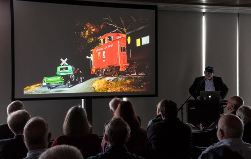Artist Lee Alban presented "My Way or the Railway", showing his amazing railroad artwork and discussing his style on Saturday at Conversations 2022. EL photo.