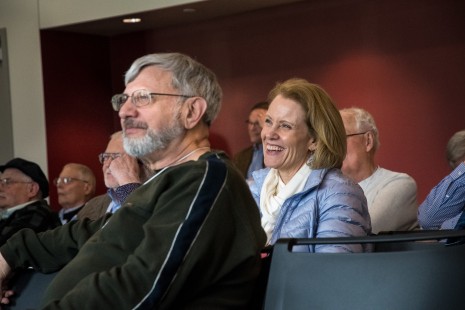 Dan Cupper and Laura Lawrence laugh during Erik Shicotte's interview. EL photo.