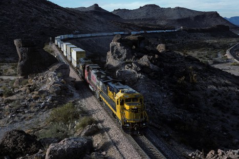 Atchison, Topeka and Santa Fe Railway diesel locomotive no. 7413 leads easttbound freight train near Kingman, Arizona, on November 5, 1994. Photograph by William Botkin, BOTKINW-15-WT-366 © 1994, William Botkin.