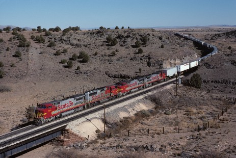 Atchison, Topeka and Santa Fe Railway diesel locomotive no. 523 leads westbound freight train at Crozier Canyon, west of Truxton, Arizona, on December 2, 1990. Photograph by William Botkin, BOTKINW-15-WT-254 © 1990, William Botkin.
