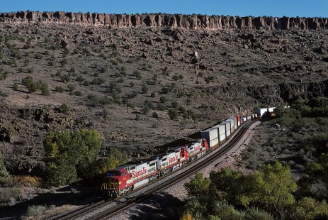 Atchison, Topeka and Santa Fe Railway diesel locomotive no. 941 leads eastbound freight train at Crozier Canyon, west of Truxton, Arizona, on November 5, 1994. Photograph by William Botkin, BOTKINW-15-WT-375 © 1994, William Botkin.