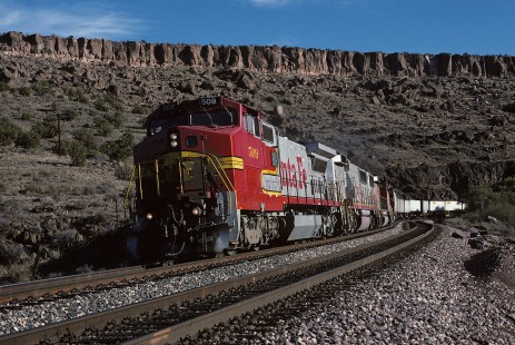 Atchison, Topeka and Santa Fe Railway diesel locomotive no. 509 leads eastbound freight train at Crozier Canyon, west of Truxton, Arizona, on November 4, 1994. Photograph by William Botkin, BOTKINW-15-WT-365 © 1994, William Botkin.