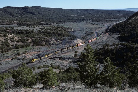 Atchison, Topeka and Santa Fe Railway diesel locomotive no. 3815 leads eastbound train no. 804 through Apache Canyon near Lamy, New Mexico, on April 23, 1985. Photograph by William Botkin, BOTKINW-15-WT-175 © 1985, William Botkin.