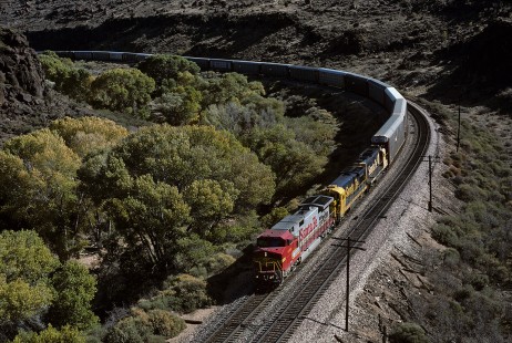 Atchison, Topeka and Sante Fe Railway diesel locomotive no. 640 leads westbound freight through Crozier Canyon, west of Truxton, Arizona, on November 7, 1994. Photograph by William Botkin. BOTKINW-15-WT-403, © 1994, William Botkin.