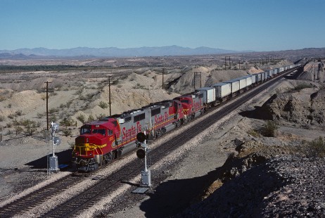 Atchison, Topeka and Santa Fe Railway diesel locomotive no. 155 leads westbound freight train near Toppock, California, on December 3, 1990. Photograph by William Botkin, BOTKINW-15-WT-281 © 1990, William Botkin.