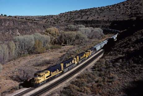 Atchison, Topeka and Santa Fe Railway diesel locomotive no. 5985 leads westbound freight train at Crozier Canyon, west of Truxton, Arizona, on December 1, 1990. Photograph by William Botkin, BOTKINW-15-WT-295 © 1994, William Botkin.