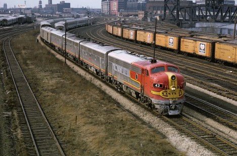 Atchison, Topeka, and Santa Fe locomotive no. 43 leads eastbound passenger train no. 1b, the "Texas Chief" at 18th Street in Chicago, Illinois on March 23, 1969. Photograph by William Botkin. BOTKINW-15-WT-58 © 1969, William Botkin.