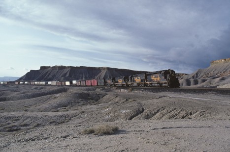 Denver and Rio Grande Western Railroad diesel locomotive no. 5333 leads an eastbound freight train at Floy, Utah, on March 31, 1983. Photograph by William Botkin, BOTKINW-8-WT-811 © 1983, William Botkin.