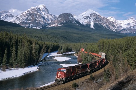 Canadian Pacific Railway locomotive no. 9156 hauls eastbound freight east of Lake Louis, Alberta, on April 9, 2004. Photograph by William Botkin, BOTKINW-7-WT-25 © 2004, William Botkin.