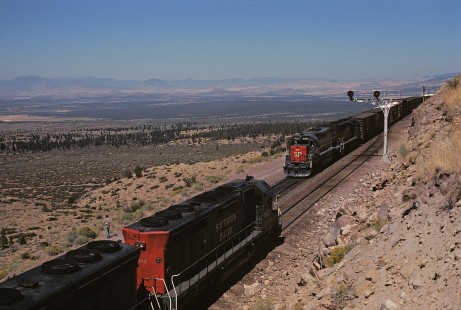 Southern Pacific Railroad locomotive no. 9232W hauling westbound freight meets eastbound locomotive no. 9132E at Hotlum, California, on September 16, 1974. Photograph by William Botkin, BOTKINW-18-WT-5 © 1974, William Botkin.
