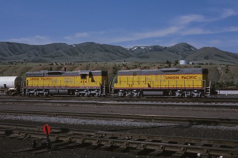 Union Pacific Railroad switcher nos. 454 and "B" unit GP-9 S2 at Pocatello, Idaho, on June 20, 1982. Photograph by William Botkin, BOTKINW-19-WT-275 © 1982, William Botkin.